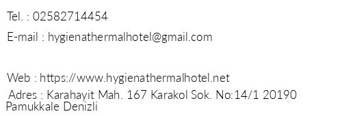 Hygiena Thermal Hotel telefon numaralar, faks, e-mail, posta adresi ve iletiim bilgileri
